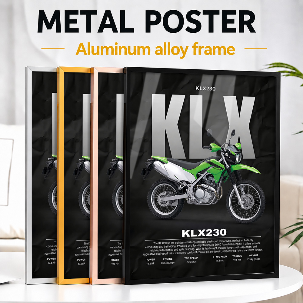 Riding Gear - 日本のKLX230デュアルスポーツバイクをモチーフにした、金属製のフレーム付きポスター。ミニマルなデザインで、バイク用品の展示スペースに最適。